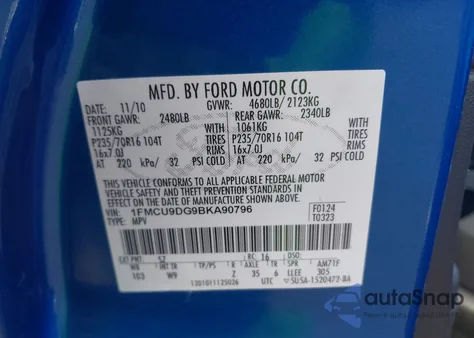 2011 Ford Escape Xlt из США, поврежденный, VIN 1FMCU9DG9BKA90796